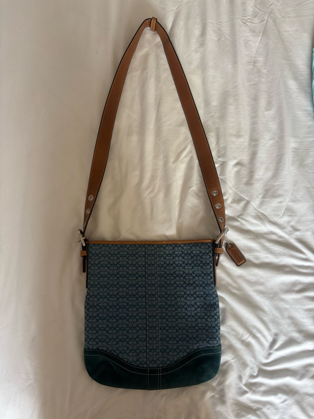 Coach Soho Style Blue Crossbody Bag with Tan Leather Trim